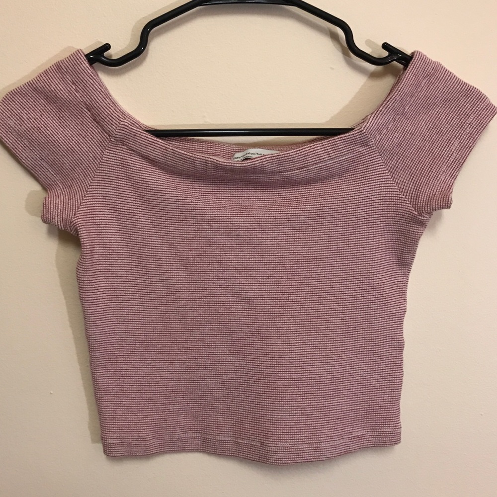 Off the shoulder knit white & red striped crop top